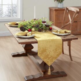 Elrene Home Fashions Poinsettia Elegance Jacquard Holiday Table Runner - Reversible, Tasseled Gold Accent, 13" x 70"
