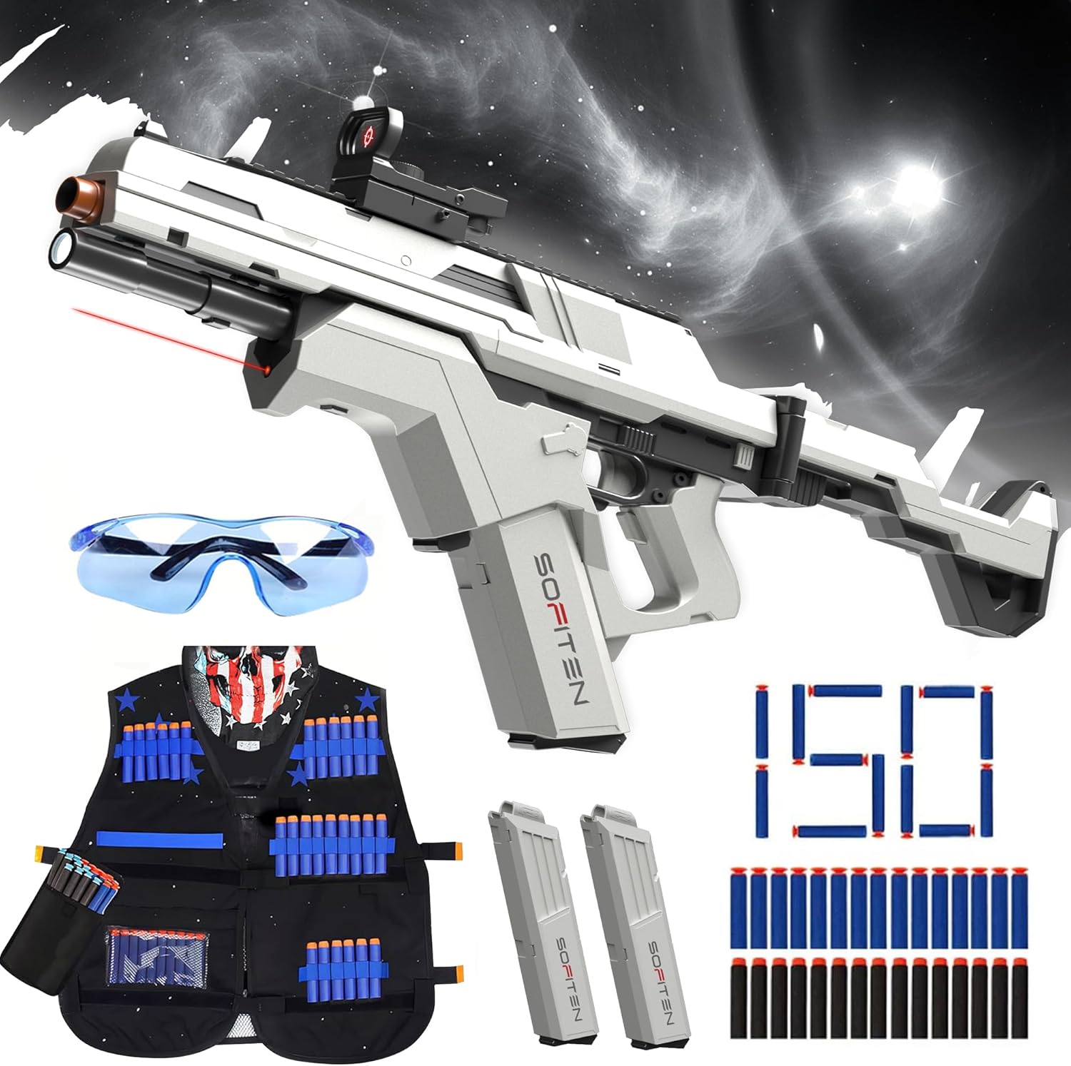 Elite Sniper Rifle Toy Set with Tactical Vest – 150 Foam Darts, Scope, Flashlight & Mask – Foldable Stock Foam Blaster Kit for Kids & Teens (Blue)