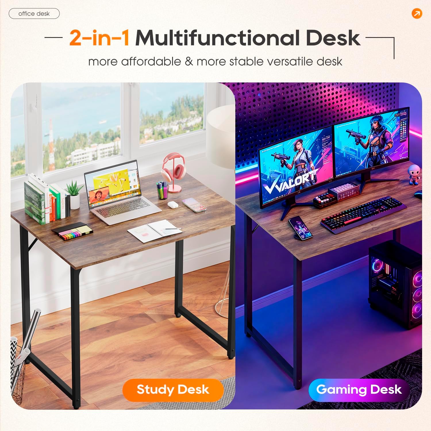 PayLessHere 32-Inch Modern Home Office Computer Desk | Sturdy Steel Frame, Water-Resistant Brown Finish | Space-Saving Study & Writing Table for Small Apartments & Dorms