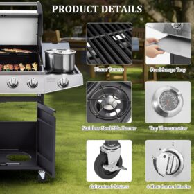 Unovivy 4-Burner Propane Gas Grill – 49,000 BTU BBQ with Side Burner, Porcelain Cast Iron Grates, and Lid Thermometer – Ideal for Patio and Outdoor Cooking
