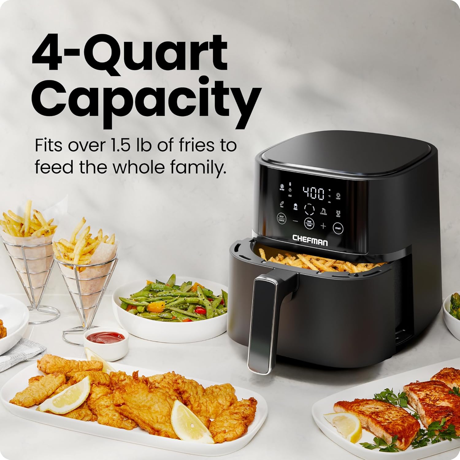 Chefman 4 Quart Digital Air Fryer: Compact Hi-Fry Black Touchscreen Cooker with Nonstick Dishwasher Safe Basket