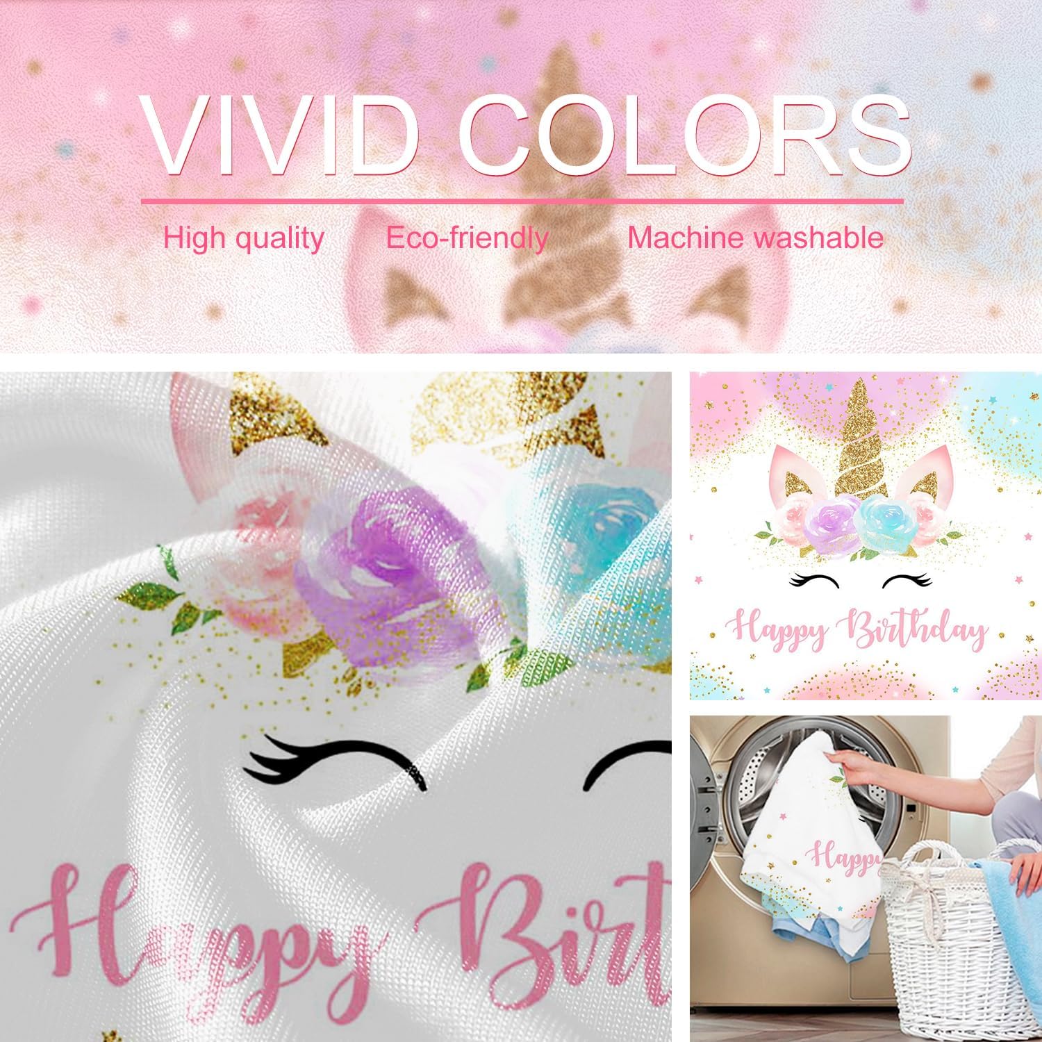 Mocsicka Unicorn Backdrop for Girls Birthday Party Decorations - 5x3ft Pastel Rainbow Photography Banner with Glitter Stars & Dots