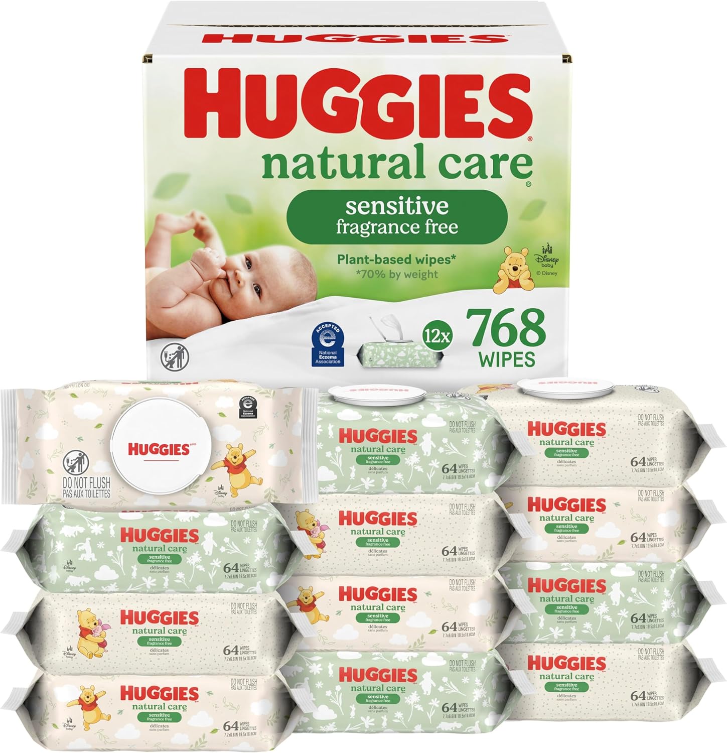 Huggies Natural Care Sensitive Baby Wipes – Hypoallergenic, Unscented & 99% Water – 12 Flip-Top Packs (768 Count)