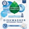 Seventh Generation Free & Clear Dishwasher Detergent Packs – 72 Count – Fragrance-Free, Plant-Based Dish Tabs for Tough Stains
