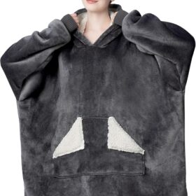 Touchat Wearable Blanket Hoodie for Adults – Oversized Sherpa Fleece Sweatshirt with Giant Pocket, Cozy Grey