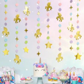 Cheerland Unicorn Party Decorations - 4pcs Pastel Rainbow Birthday Banner, Baby Shower & First Magical Girl Supplies, Gold Glitter Wall Hanging Garland Kit
