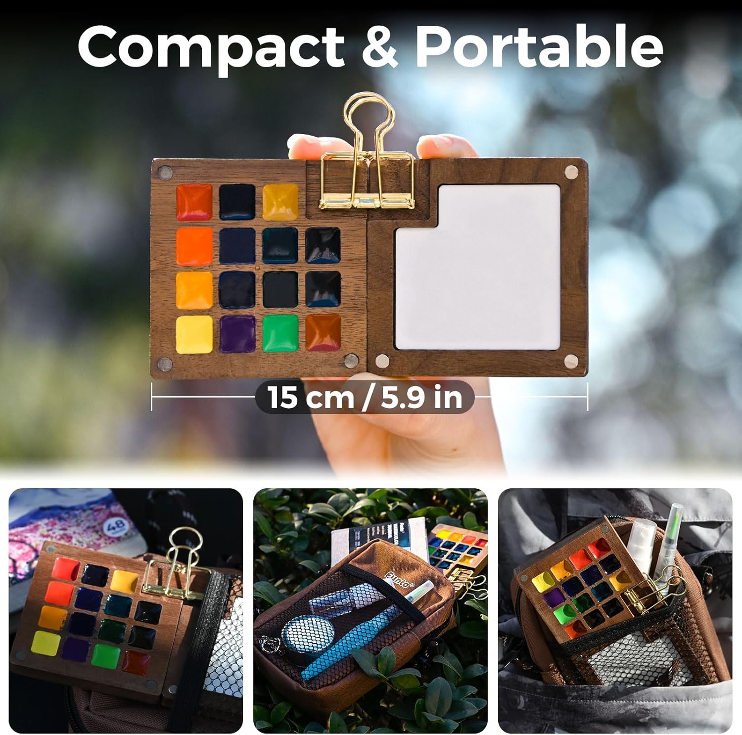 Funto Premium Walnut Wood Watercolor Paint Set – Portable 15-Color Travel Kit with Journal, Crossbody Bag & Water Brush