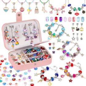 KXQ 132-Piece Charm Bracelet Making Kit for Girls – DIY Jewelry Craft Set with Gift Box, Beads, Charms & Storage Case – Creative Art Activity for Kids Ages 5-12