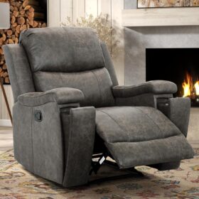 CANMOV Grey Leather Recliner Chair – Overstuffed Manual Reclining Sofa with Hidden Cup Holders and Lumbar Support
