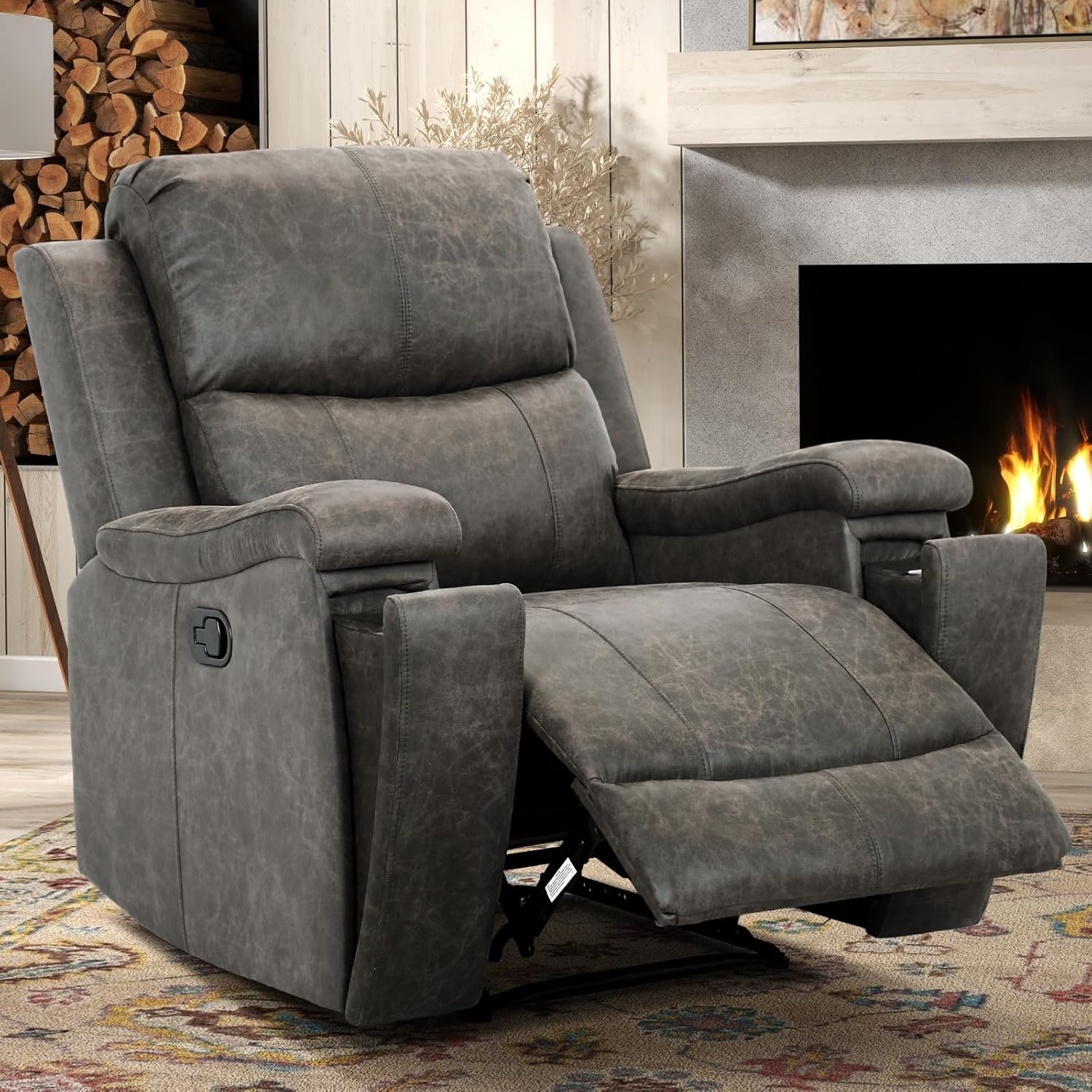 CANMOV Grey Leather Recliner Chair – Overstuffed Manual Reclining Sofa with Hidden Cup Holders and Lumbar Support