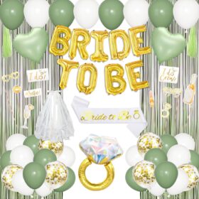 Amandir Sage Green Bachelorette Party Decorations Kit – 86 Piece Bridal Shower Set with Gold Confetti Balloons, Bride Sash, Veil & Photo Booth Props