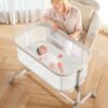 Fodoss Bedside Baby Bassinet with Wheels – Adjustable Height Sleeper & Travel Crib, Breathable Mesh Nursery Bed (Beige)