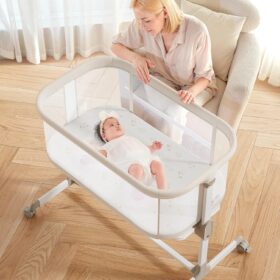 Fodoss Bedside Baby Bassinet with Wheels – Adjustable Height Sleeper & Travel Crib, Breathable Mesh Nursery Bed (Beige)