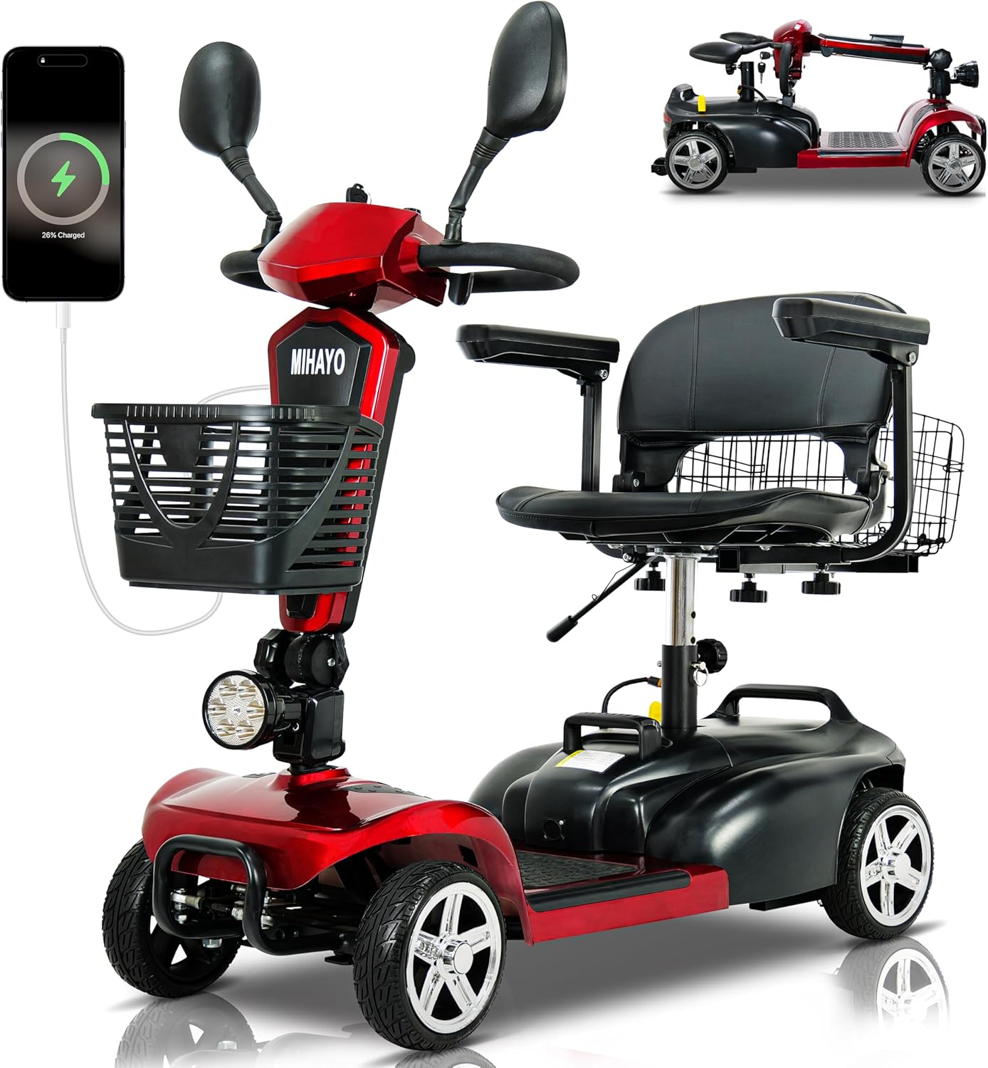 MIHAYO Folding 4-Wheel Mobility Scooter for Adults & Seniors - 30 Mile Range, 300 lb Capacity, 9lb Lightweight Battery, Compact Travel Power Chair with Dual Baskets (Red)
