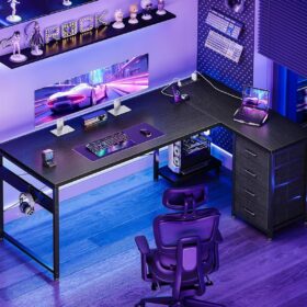 AODK L Shaped Gaming Desk with Power Outlets & USB Ports – 61" Reversible Corner Computer Desk with 4 Drawers & CPU Stand, Black Home Office Workstation