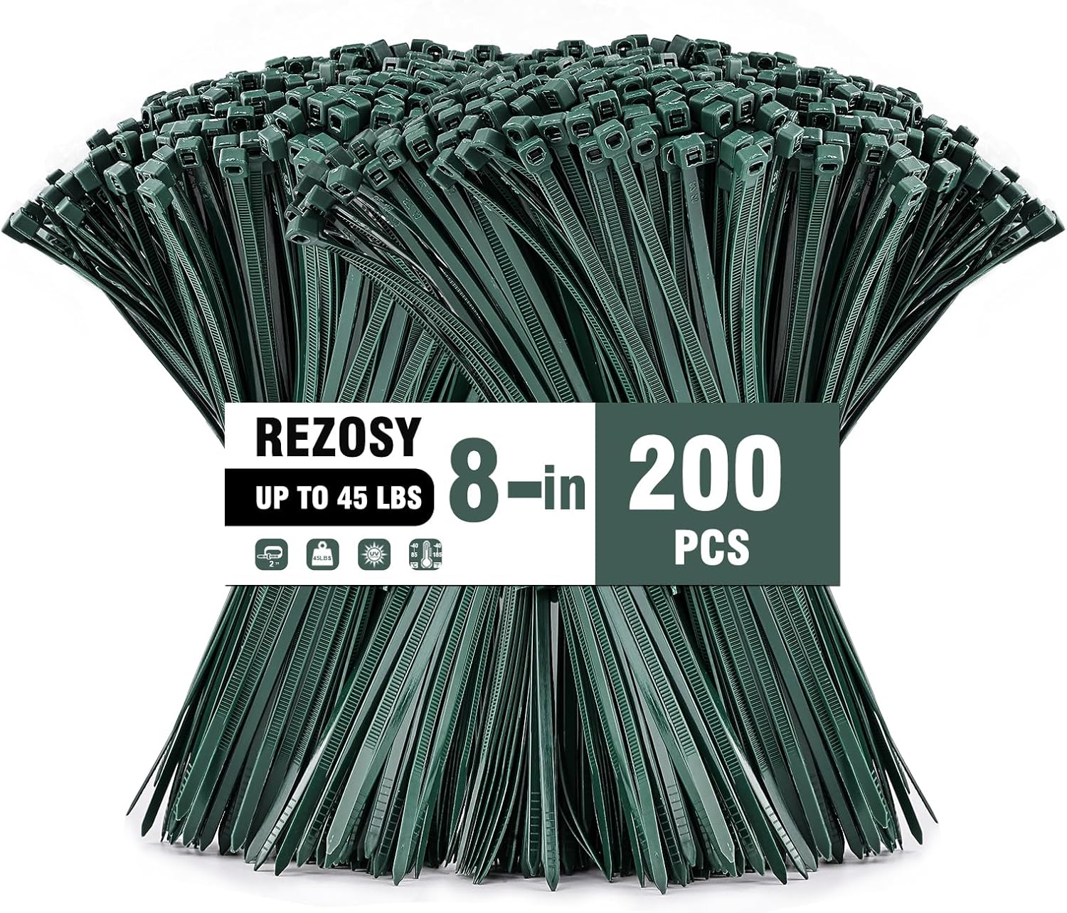 200-Pack 8 Inch Green Cable Ties, Heavy Duty Nylon Zip Ties for Gardening, 45 LB Tensile Strength, Weather Resistant Outdoor Wire Ties for Plants and Securing