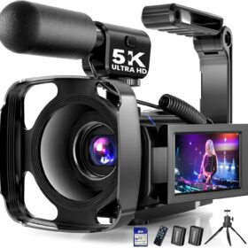 5K Video Camera Camcorder with 64MP Photography, 3” Touch Screen & 270° Flip Display – Vlogging Kit with Microphone, 32GB Card, 2 Batteries & Tripod