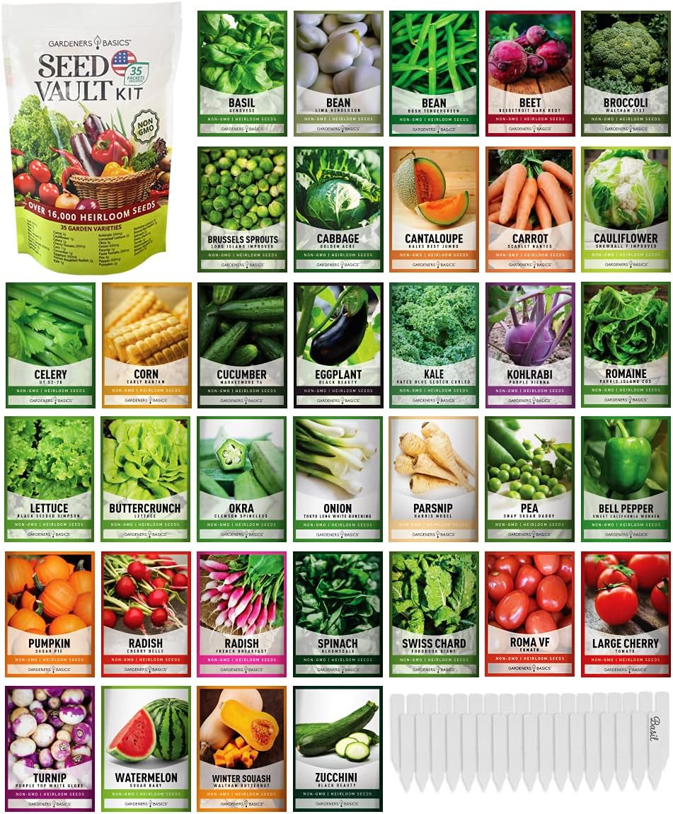Survival Vegetable Seed Vault: Over 16,000+ Non-GMO Heirloom Seeds for 35 Varieties | Emergency Bugout & Home Gardening Kit with Plant Markers
