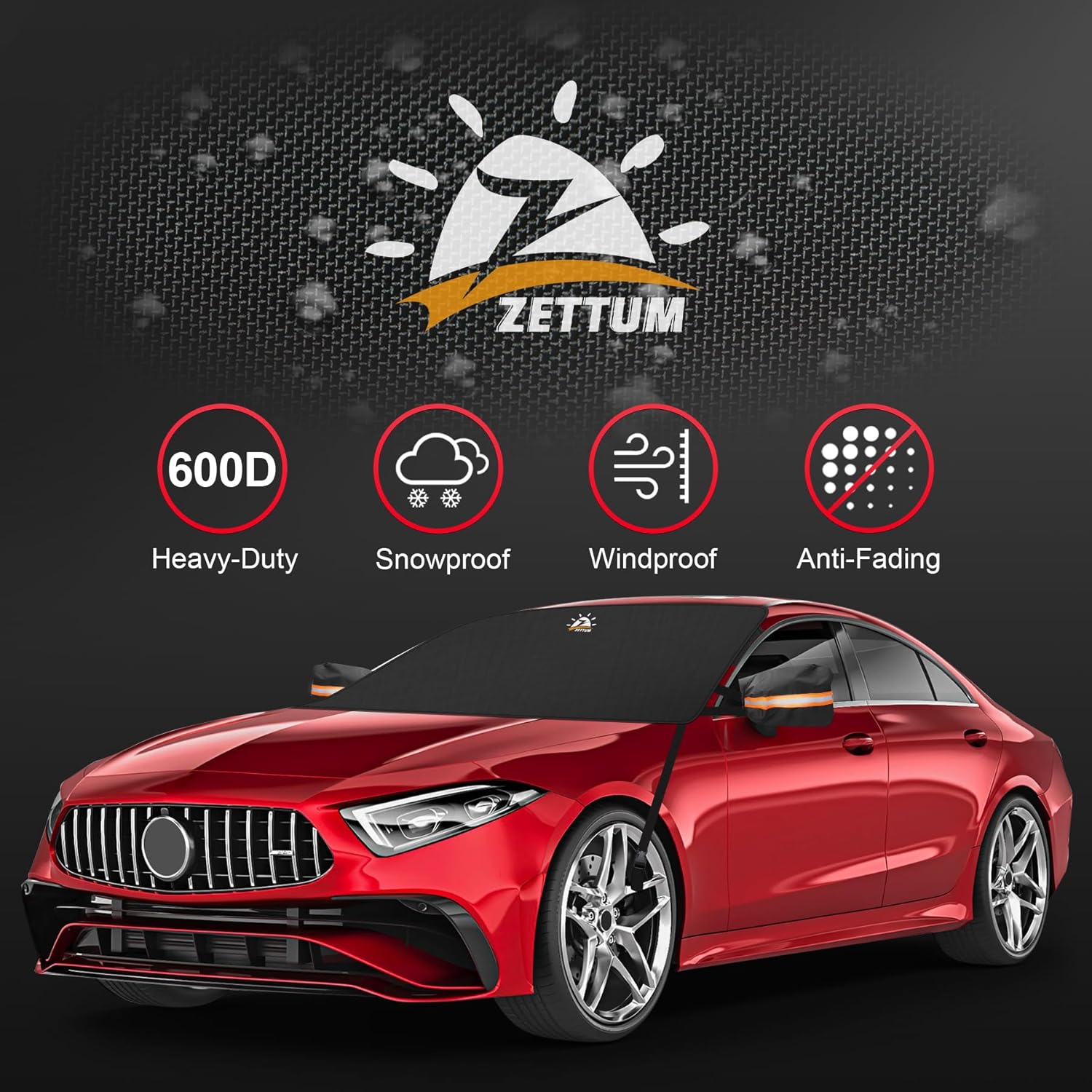 Zettum 600D Heavy Duty Windshield Snow Cover for Ice & Frost – All-Weather Waterproof Car Window Protector with Side Mirror Pockets (70" x 50")