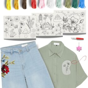 Clothing Embroidery Starter Kit – 34 Stick & Stitch Patterns, All-Inclusive DIY Sewing Set for Beginners with Hoop, Floss, and Needles