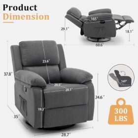 360° Swivel Rocker Recliner – Premium Upholstered Glider Chair with Lumbar Support – Ideal Nursery Glider & Small Space Living Room Furniture (Grey)