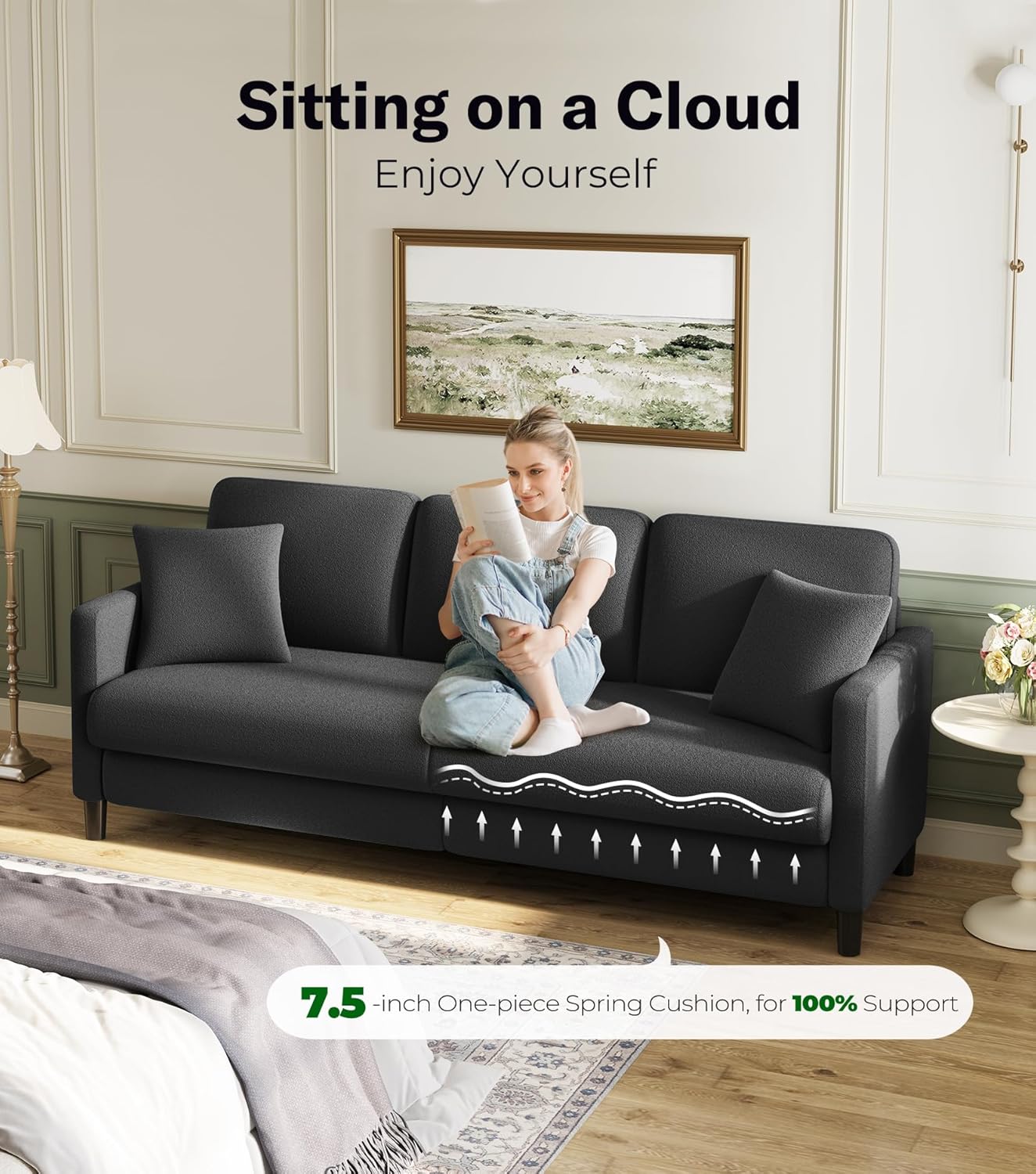 83" Teddy Cloud Sofa – Ultra-Soft Boucle Loveseat with 2 Pillows, Tool-Free Assembly, Sturdy Wood Frame, Modern Grey Couch for Living Room & Apartment