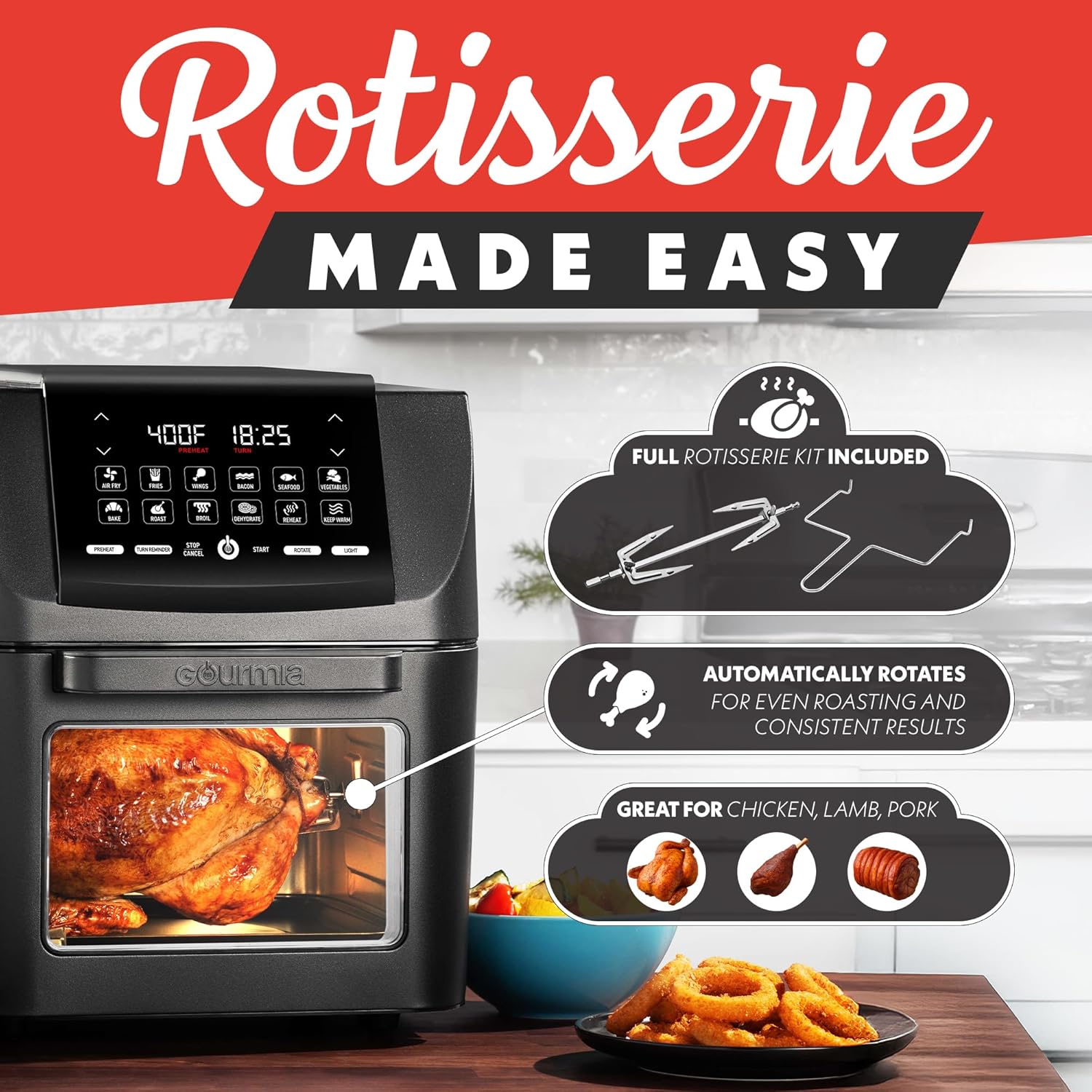 Gourmia 14-Qt Digital Air Fryer Oven with Rotisserie & Dehydrator - 12 Presets, 1750W, Black
