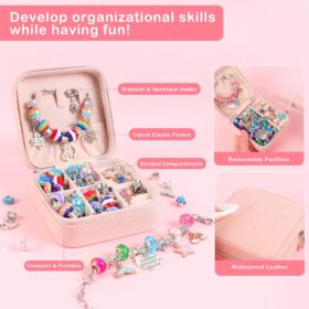 Girls Charm Bracelet Making Kit - DIY Jewelry Crafts Set for Kids with 70+ Beads, 3 Snake Chain Bracelets & Portable Storage Box - Creative Birthday Gifts for Ages 6 7 8 9 10