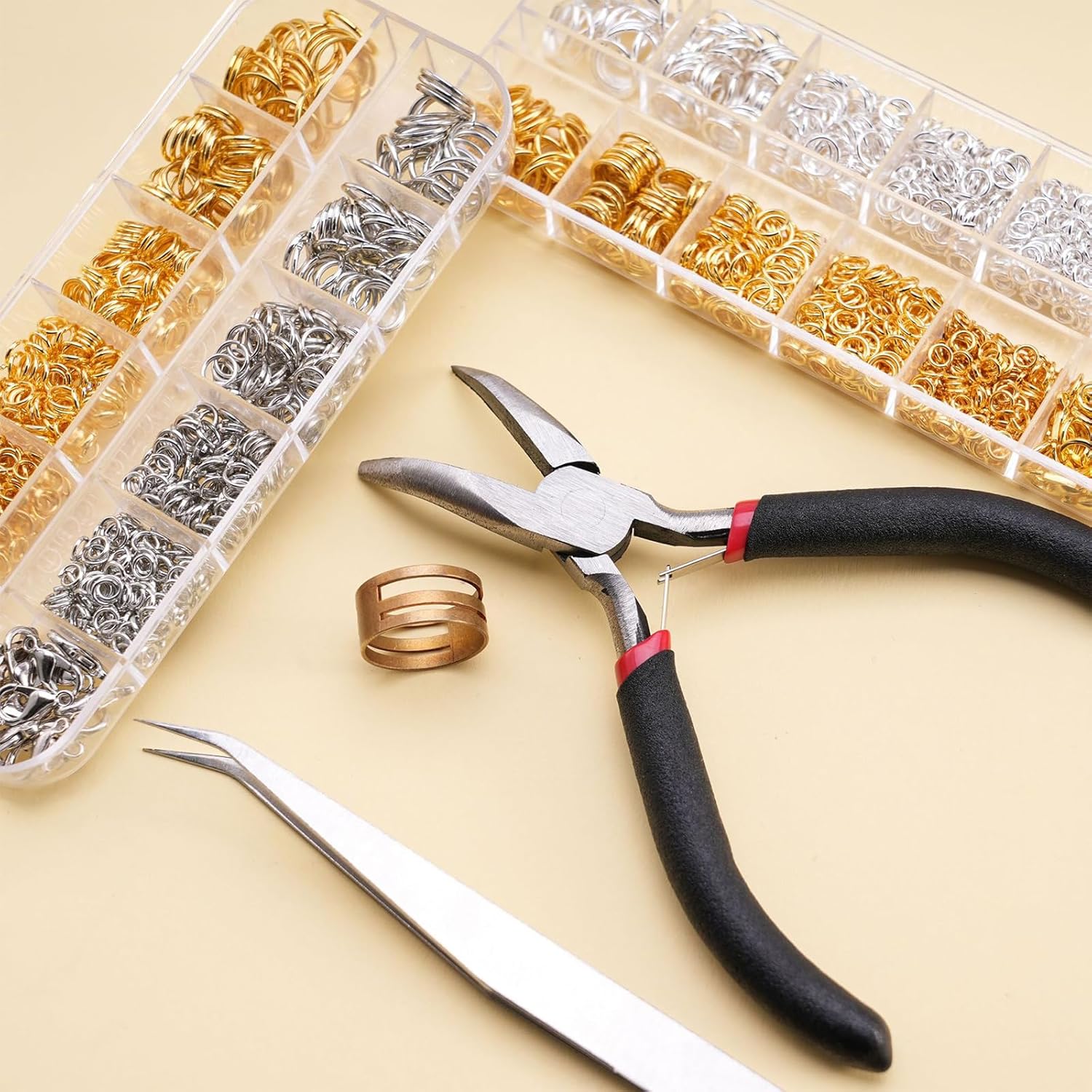 1200-Piece Jewelry Repair Kit – Gold & Silver Jump Rings, Lobster Clasps, Pliers & Organizer Case for DIY Necklace Bracelet Making