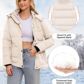 WULFUL Women's Thickened Puffer Jacket - Lightweight Waterproof Winter Coat with Removable Hood
