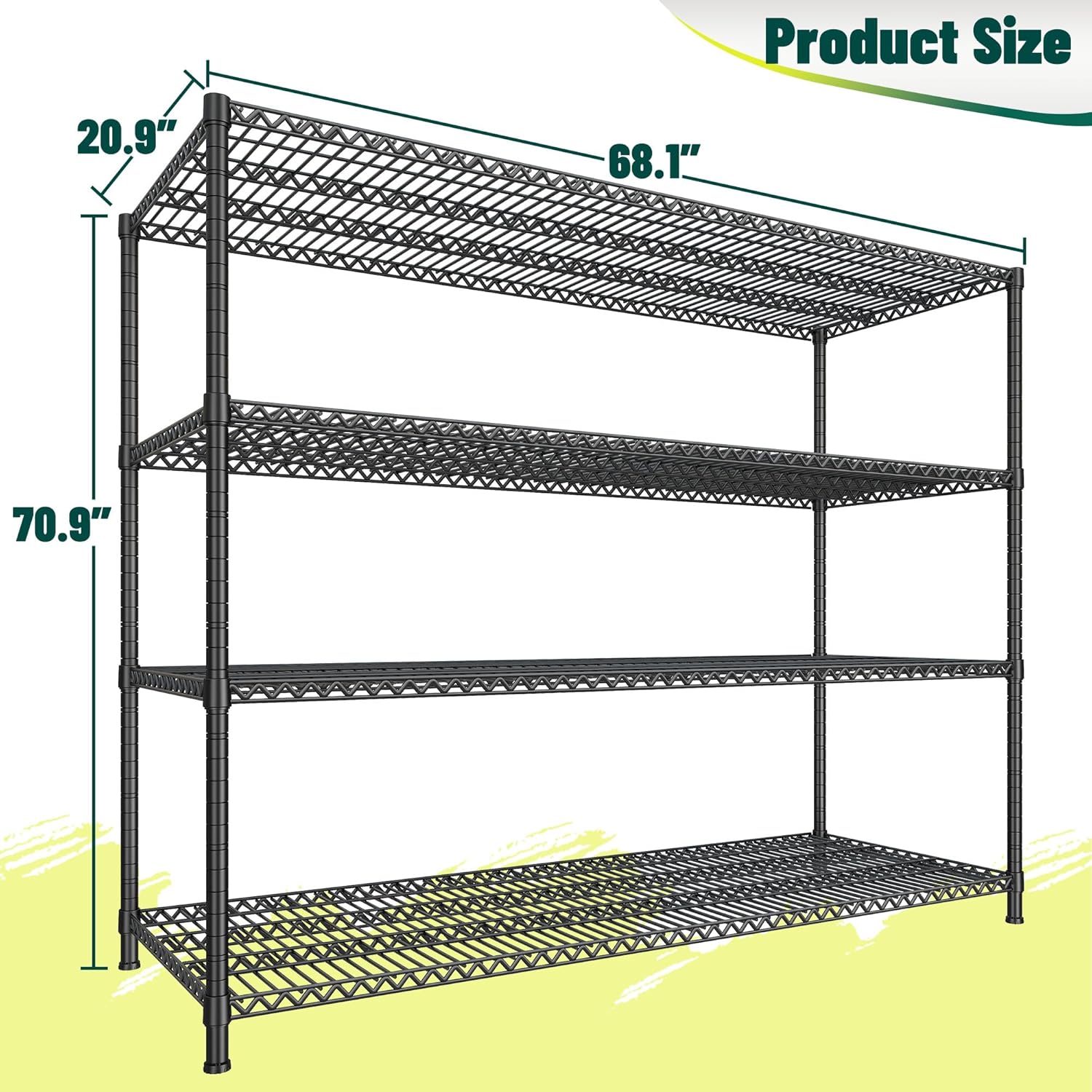 68-Inch Wide Heavy Duty Wire Shelving Unit - 2500 lbs Capacity Adjustable Steel Storage Rack for Garage, Kitchen, Pantry, and Warehouse (68.1" W x 20.9" D x 70.9" H)