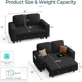LINSY HOME 2-in-1 Convertible Loveseat Sofa Bed with Pull Out Chaise – 77.5'' Wide Corduroy Sleeper Sofa with USB Charging, Cup Holders & Storage, Modern Furniture for Small Apartments (Black)
