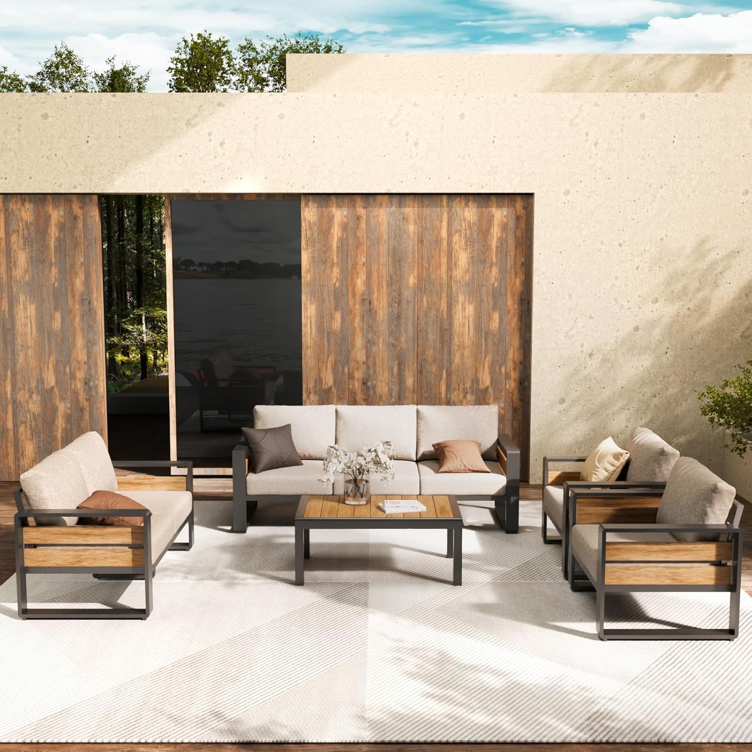 ZANDOR 3-Seater Outdoor Patio Sofa - Grey Powder-Coated Aluminum Frame with All-Weather, Washable Cushions