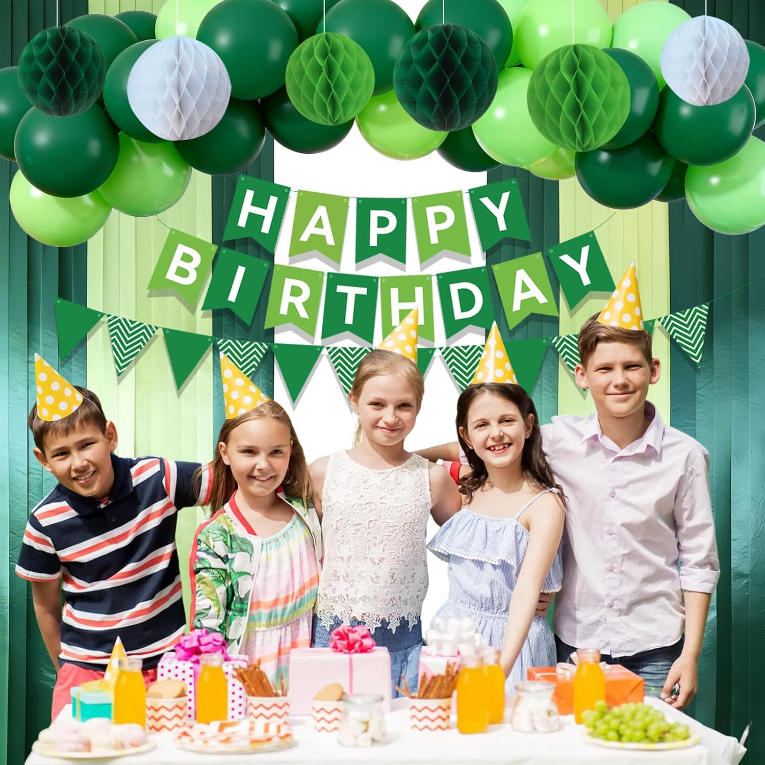 Green Birthday Party Decoration Kit - 32 Pcs Includes Happy Birthday Banner, 2 Streamer Rolls, Honeycomb Balls & Balloons for Boys, Girls, Men & Women