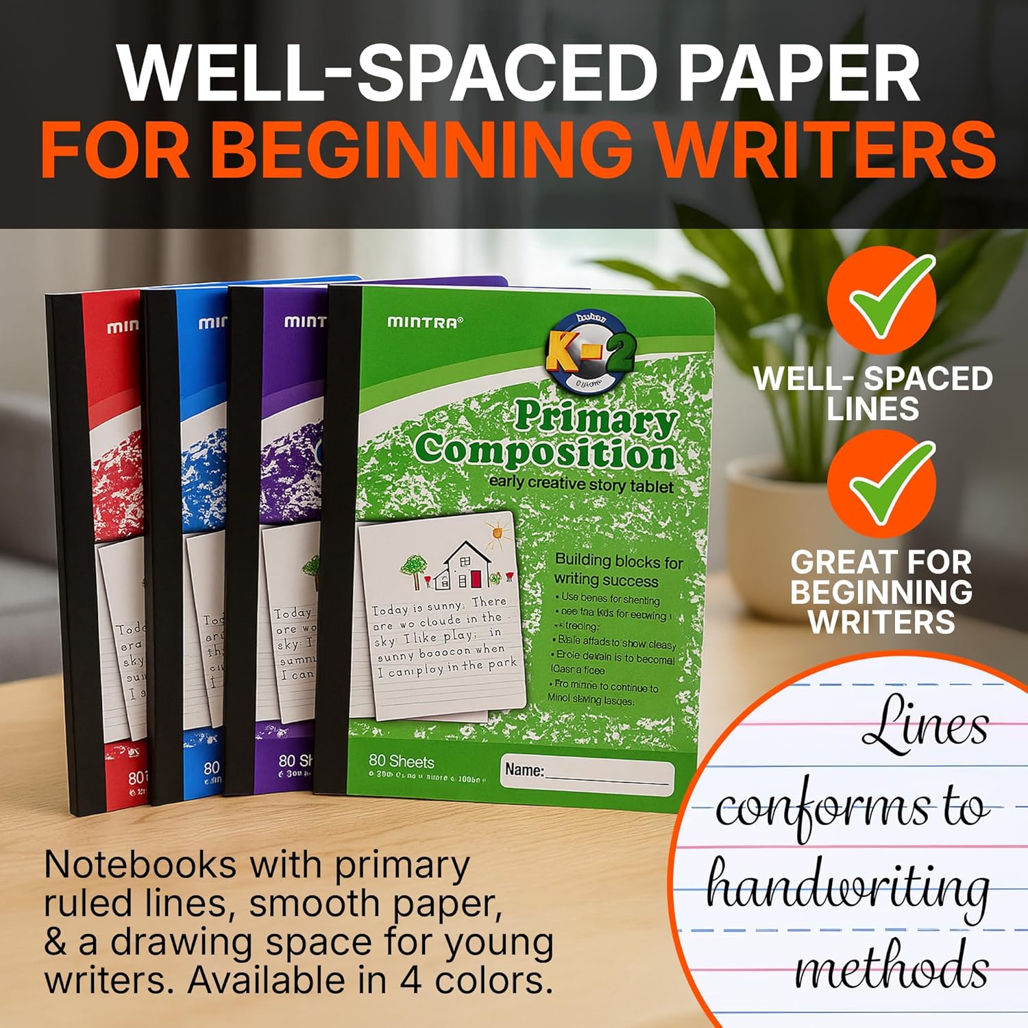 Mintra Primary Composition Notebooks - 4 Pack Bulk Set, 80 Sheets (7.5" x 9.75"), Grades K-2 Hardcover Journals with Drawing Space & Primary Ruling - School & Home Supplies