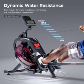 Sunny Health & Fitness Water Rowing Machine – Foldable Rower with Extended Slide Rail, LCD Performance Monitor, & SunnyFit App for Home Cardio