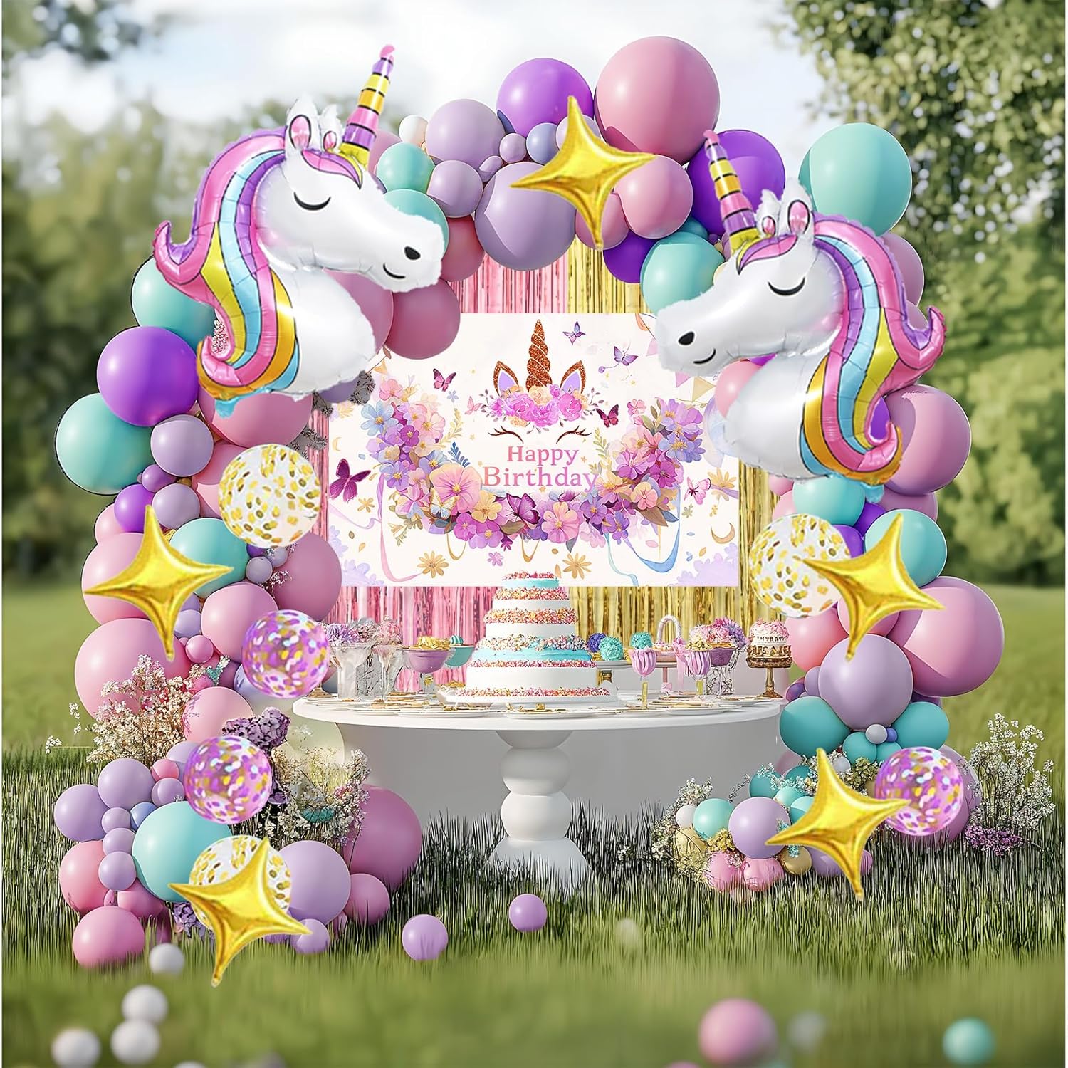 Unicorn Party Decorations Kit - 135-Piece Mega Set with 3D Foil Balloons, Backdrop, Table Cover, Tassel Curtains & Arch Garland Supplies - Magical Pink, Rose Gold, Purple Birthday Theme