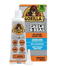 Gorilla 100% Silicone Sealant – 2.8oz Waterproof Caulk, 10-Year Mold & Mildew Resistant, Kitchen & Bath, Clear (Pack of 1)