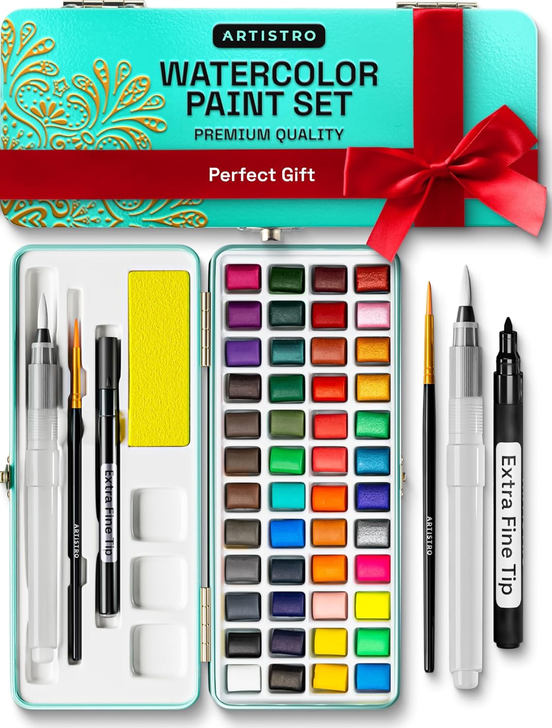 ARTISTRO Premium Watercolor Paint Set with 48 Colors – Portable Travel Kit for Kids, Teens, & Adults – Includes Metallic & Fluorescent Paints, Brushes, & Mixing Tin
