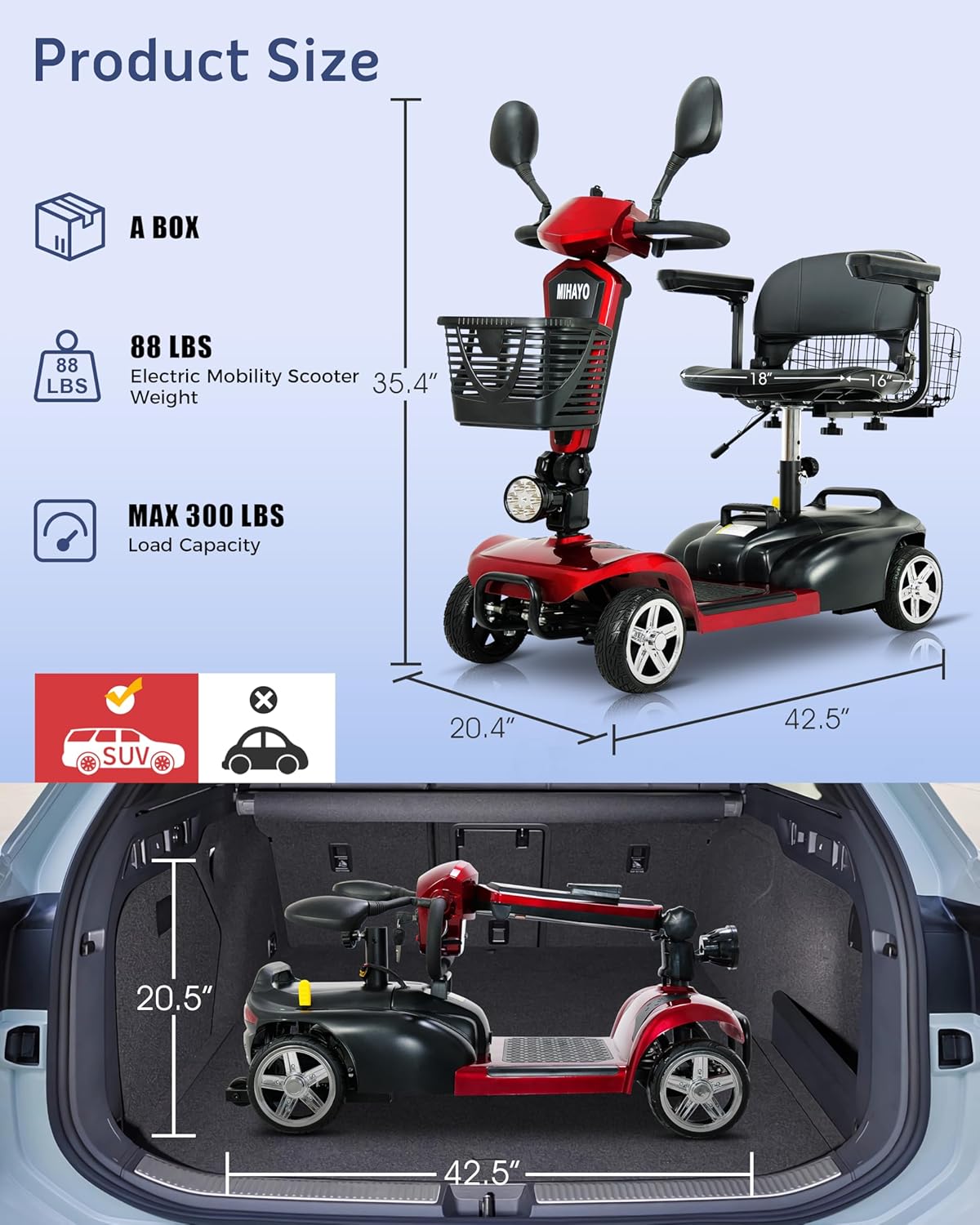 MIHAYO Folding 4-Wheel Mobility Scooter for Adults & Seniors - 30 Mile Range, 300 lb Capacity, 9lb Lightweight Battery, Compact Travel Power Chair with Dual Baskets (Red)