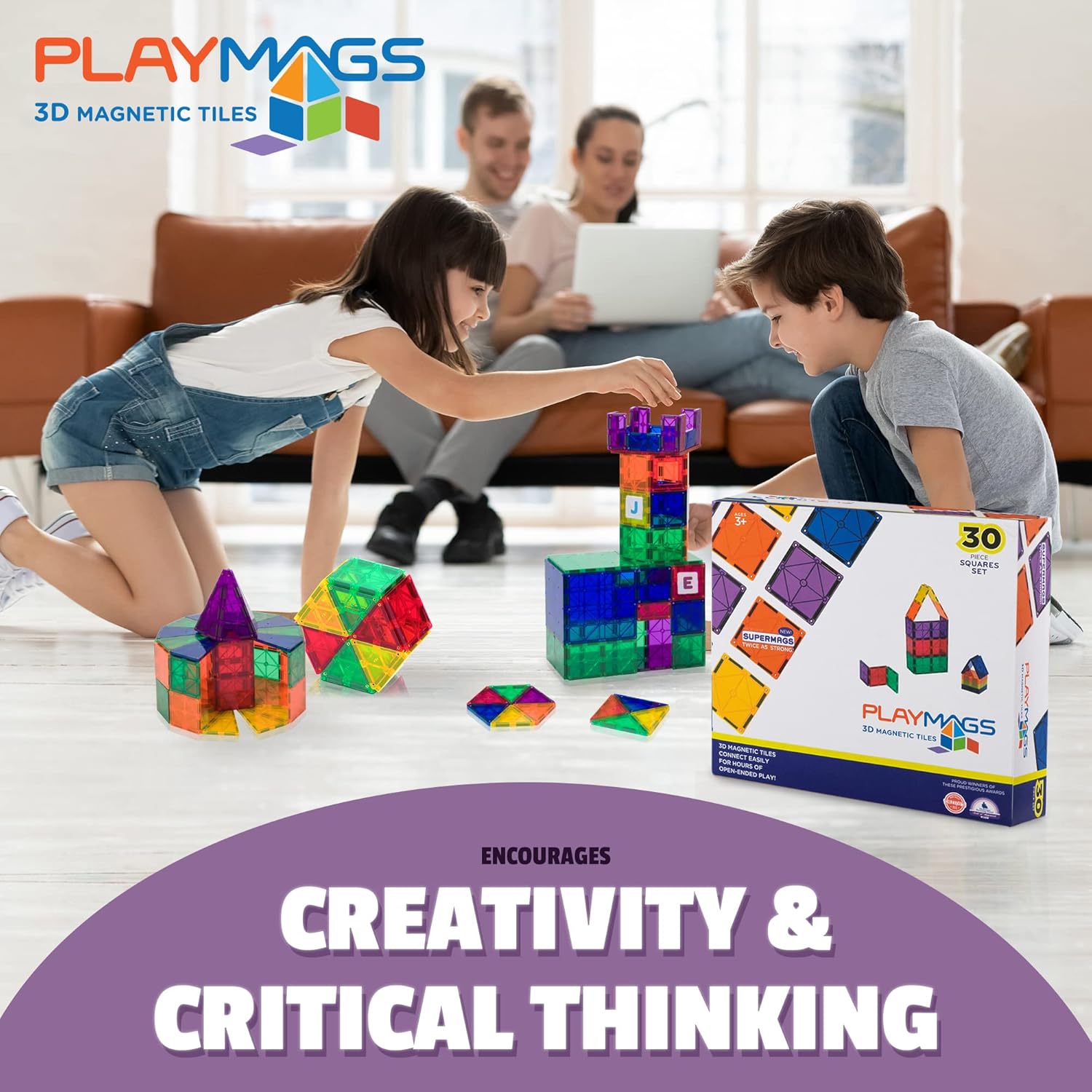 Playmags 30-Piece Magnetic Tiles Expansion Set – Colorful STEM Building Blocks & Construction Toys for Kids Ages 3+