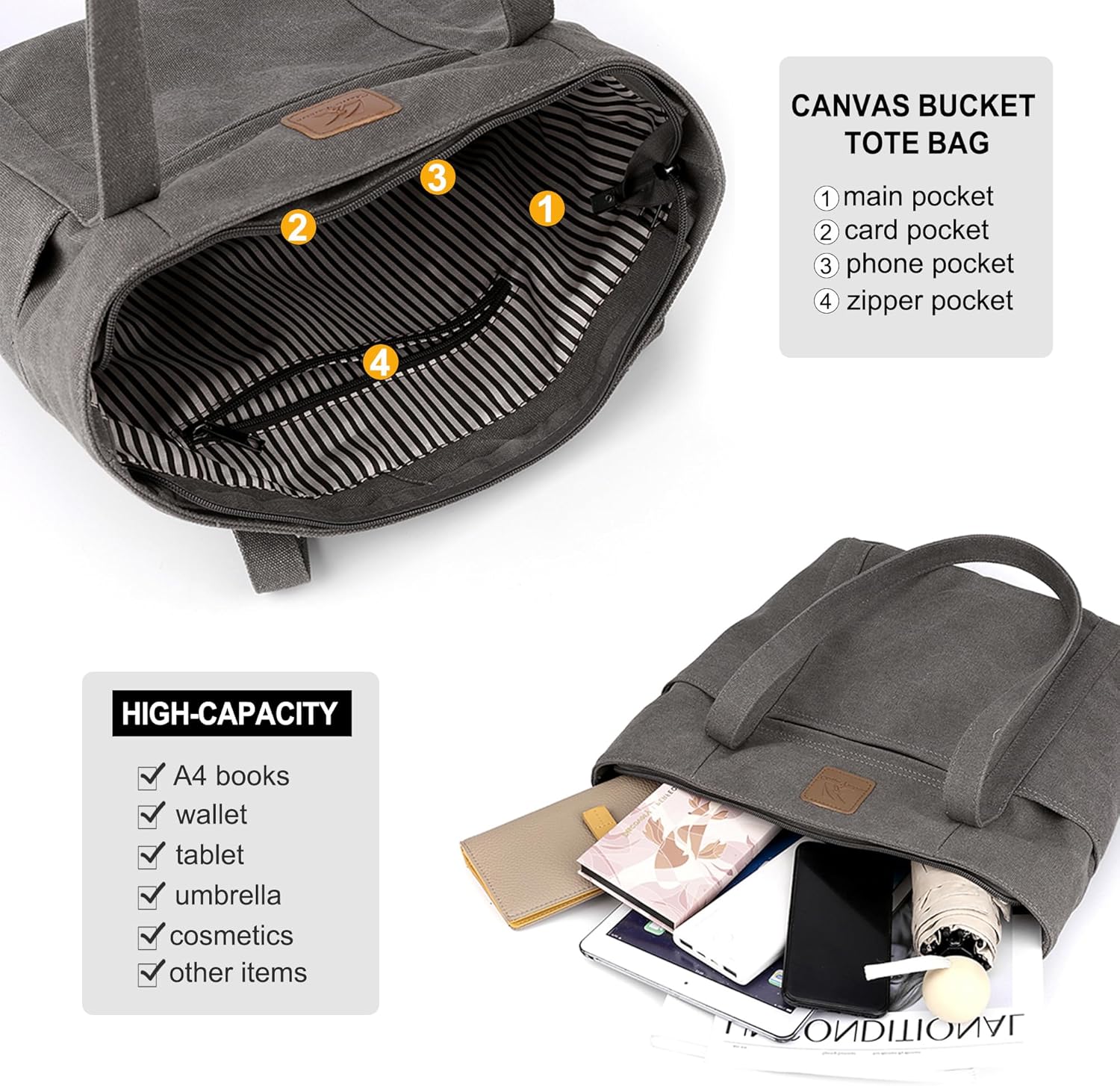 DOURR Women's Retro Heavy-Duty Canvas Bucket Tote - Multi-Pocket Work Shoulder Handbag