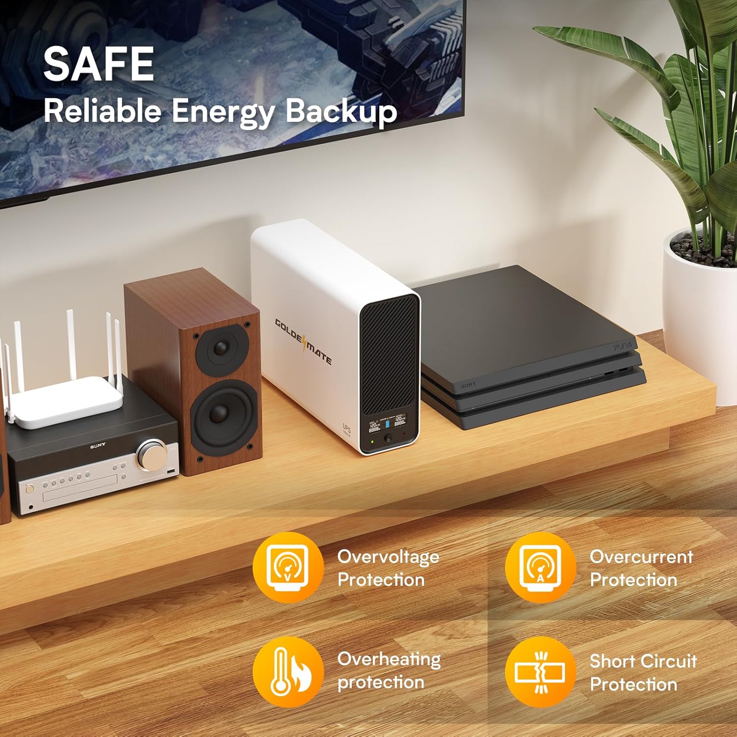 GOLDENMATE 1000VA/800W LiFePO4 UPS Battery Backup & Surge Protector – Pure Sine Wave, 10-Year Lifespan, 8 Outlets, LCD Display