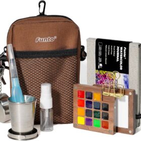 Funto Premium Walnut Wood Watercolor Paint Set – Portable 15-Color Travel Kit with Journal, Crossbody Bag & Water Brush