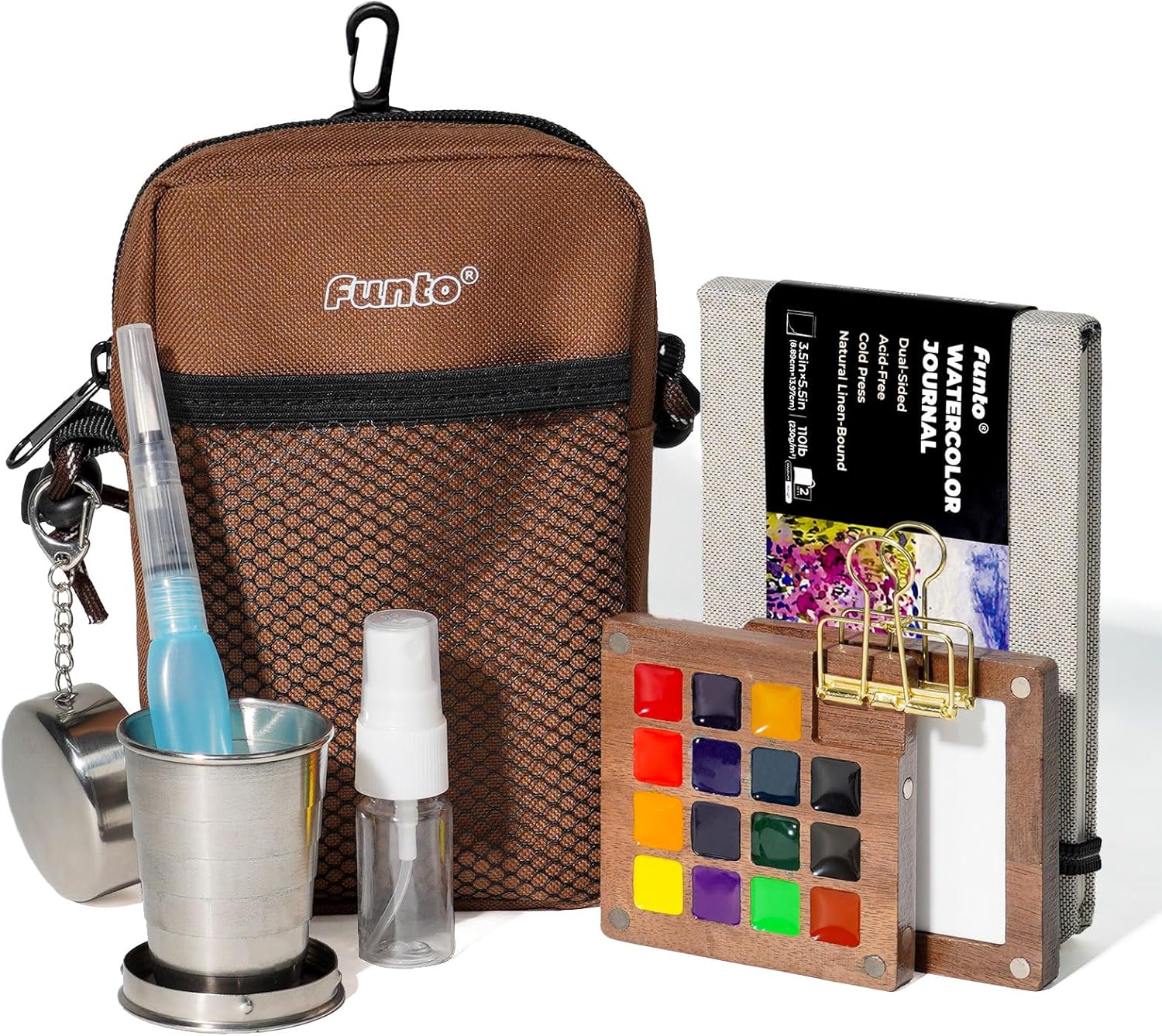 Funto Premium Walnut Wood Watercolor Paint Set – Portable 15-Color Travel Kit with Journal, Crossbody Bag & Water Brush
