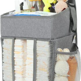 Maliton Hanging Diaper Caddy Organizer for Nursery - Fits 52+ Diapers, Wipes Warmer & Essentials - Universal Crib, Playard & Dresser Straps (18.5" x 10.5" x 8", Gray)