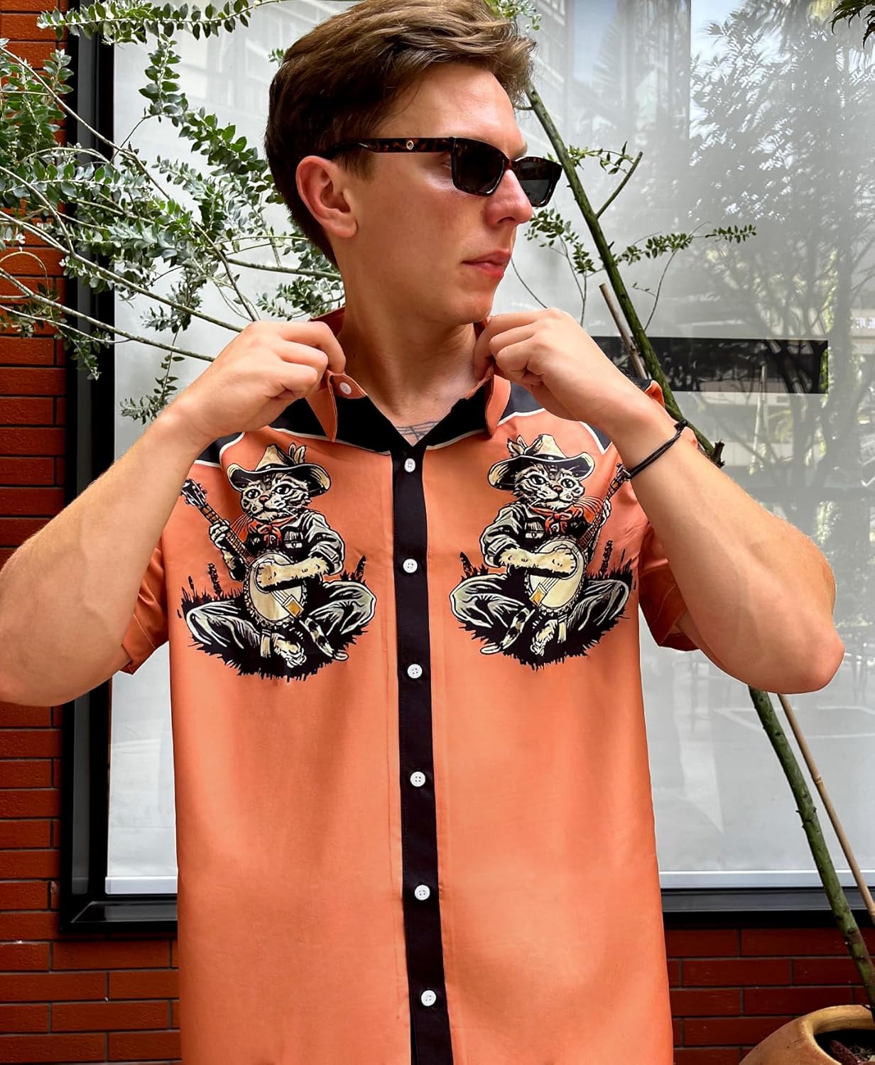 Men's Western Yoke Aloha Shirt - Mint Blue Tropical Palm & Cocktail Print Short Sleeve Button-Up