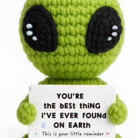 Handmade Crochet Alien Plush with Heartfelt Tag - Romantic 'Best Thing on Earth' Gift for Boyfriend, Girlfriend, Husband or Wife - Cute Unique Valentine's, Anniversary & Birthday Desk Decor