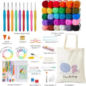 INSCRAFT Premium Crochet Kit for Beginners & Adults – Complete 105-Piece Set with 30 Yarn Skeins, Ergonomic Hooks, Accessories & Canvas Tote Bag