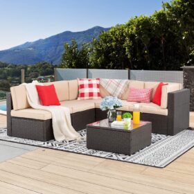 Vongrasig 6-Piece Modular Outdoor Patio Furniture Set – All-Weather PE Wicker L-Shaped Sectional Sofa with Thick Cushions & Coffee Table, Beige